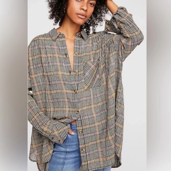 Free People Break My Stride Oversized Plaid Button Down Long Sleeve Size XSmall - Picture 1 of 13